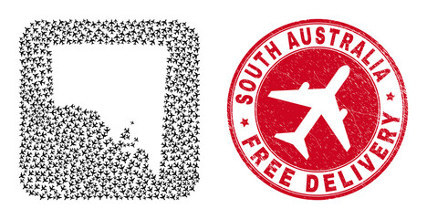 Vector collage South Australia map of air force elements and grunge Free Delivery badge.