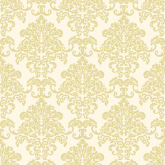 Damask seamless floral pattern. Vintage gold textile ornament in vector, cream wallpaper, fabric. Artistic classic drawing, design element in the interior 