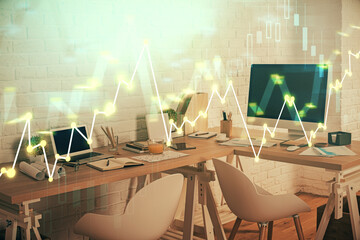 Multi exposure of stock market chart drawing and office interior background. Concept of financial analysis.