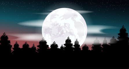 Vector illustration. Moon. Night sky. Starry sky. Forest. Night landscape