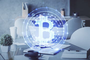Double exposure of crypto technology theme drawing and office interior background. Concept of blockchain.