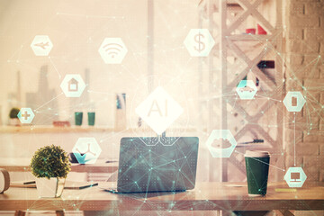 Double exposure of data theme drawing and office interior background. Concept of technology.