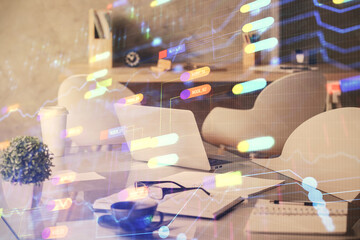 Double exposure of data theme drawing and office interior background. Concept of technology.