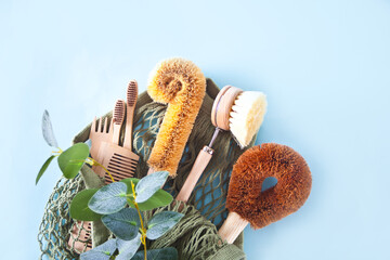 zero waste cleaning, plastic free eco natural coconut brushes for washing dishes, comb, toothbrush, glass straws, eco friendly flat lay