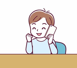 Cheerful boy in blue clothes