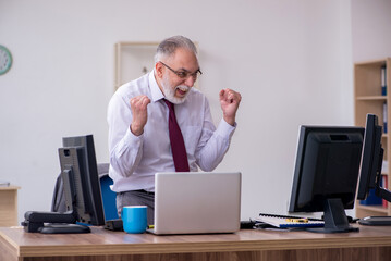 Old male boss sitting at desktop in the office