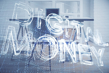 Double exposure of crypto technology theme drawing and office interior background. Concept of blockchain.