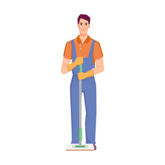 Cleaner staff washing floor with mop. Isolated personage from cleaning company wearing uniform. Housekeeper and janitor in hotel or office. Maid occupation. Cartoon character, vector in flat style
