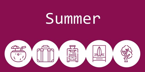 summer background concept with summer icons. Icons related suitcase, beach, tree, coconut
