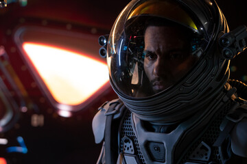 Portrait of African American Black male astronaut inside spaceship cockpit. Sci-fi space exploration concept. Mars mission © supamotion