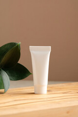 Blank white plastic cosmetics tube and green leaf on wooden board. Skincare, beauty treatment, spa concept.