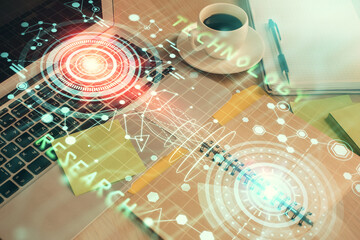 Multi exposure of technology theme drawing and desktop with coffee and items on table background. Concept of data research.