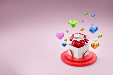 Valentine's day design. Realistic red gifts boxes. Open gift box with colorful heart. Holiday banner, web poster, flyer, stylish brochure, greeting card. 3D rendering.