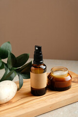 Set of natural organic cosmetics for personal hygiene on wooden board. Beauty treatment and spa...