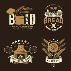 Obraz premium Bakery badge, logo. Vector illustration Typography design with dough, oven, bread shovels, hop and balance scale silhouette. Template for restaurant identity objects, packaging and menu