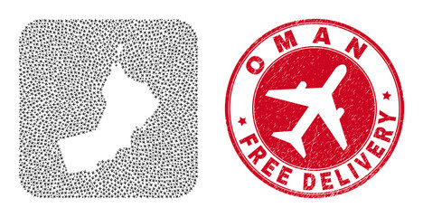 Vector collage Oman map of aviation elements and grunge Free Delivery seal stamp. Collage geographic Oman map designed as subtraction from rounded square with moving out air planes.
