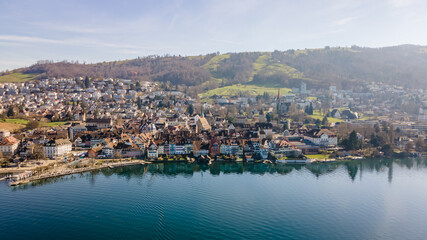Naklejka na ściany i meble Drone picture of the city of Zug, Switzerland. 