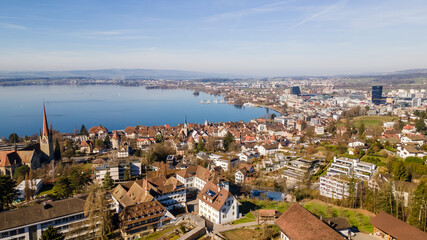 Drone picture of the city of Zug, Switzerland. 