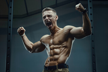Energy caucasian strong athlete screaming in gym