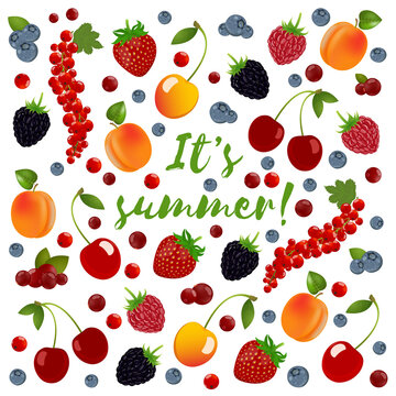 Summer berries. Strawberries, blackberries, blueberries, cherries, raspberries, red currants, apricot with leaves. Set of fruits with text. Vector cartoon illustration