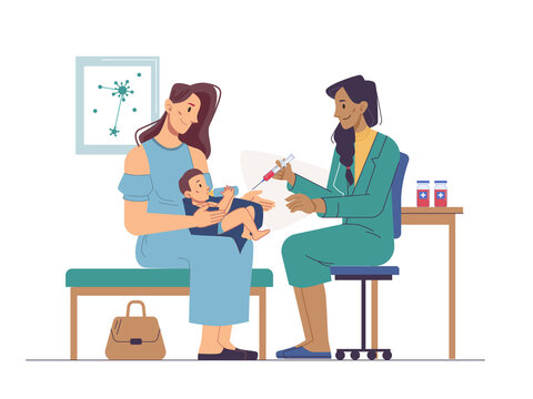 Vaccination in clinic or hospital, newborn baby on mothers knees, immunization to prevent coronavirus. Vector pediatrician vaccinating toddler, syringe injection, immunization medical health care