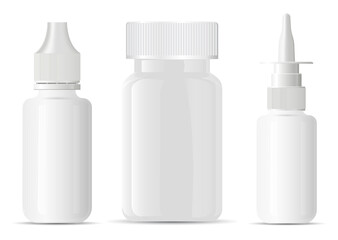 Nasal spray bottle. Pill bottle container blank mockup. Medical aerosol jar, nose sprayer dispenser template. Eye drug dropper mock up, small dose. Empty medicament tablet supplement vitamin