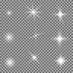 Light glow effect. Star shine flash, bright sparcle set on transparent background. Lens flare, shiny glitter, trarlight explode. Spark burst, sunlight ray isolated. Realistic magic fantasy decoration