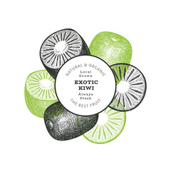 Hand drawn sketch style kiwi banner. Organic fresh fruit vector illustration. Retro kiwi fruit design template