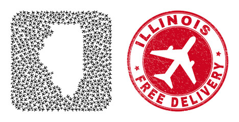Vector collage Illinois State map of aircraft items and grunge Free Delivery stamp. Mosaic geographic Illinois State map constructed as stencil from rounded square with flying out aviation items.