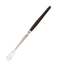 Old fork with wooden handle for meat on white background