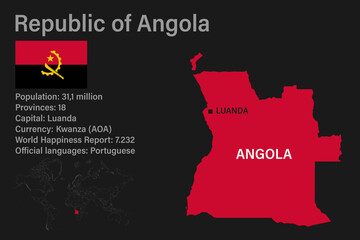Obraz premium Highly detailed Angola map with flag, capital and small map of the world