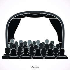 Illustration of theatre with curtains and audience.  Icon Isolated Background