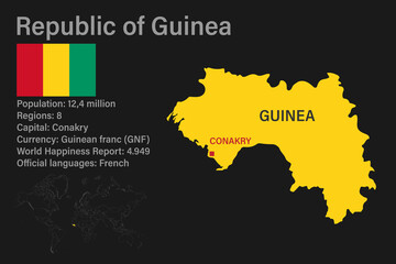 Highly detailed Guinea map with flag, capital and small map of the world