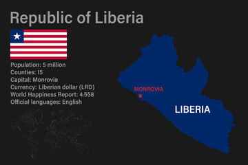 Highly detailed Liberia map with flag, capital and small map of the world