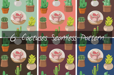 Set of 6 Cactus and Succulent Seamless Pattern