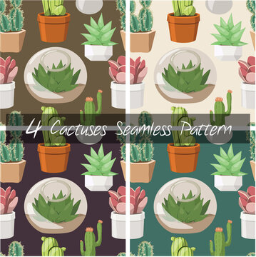 Set of 4 Cactus and Succulent Seamless Pattern