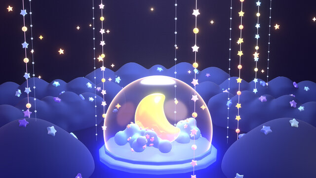 Cartoon moon crystal ball music box and stars string lights. 3d rendering picture.