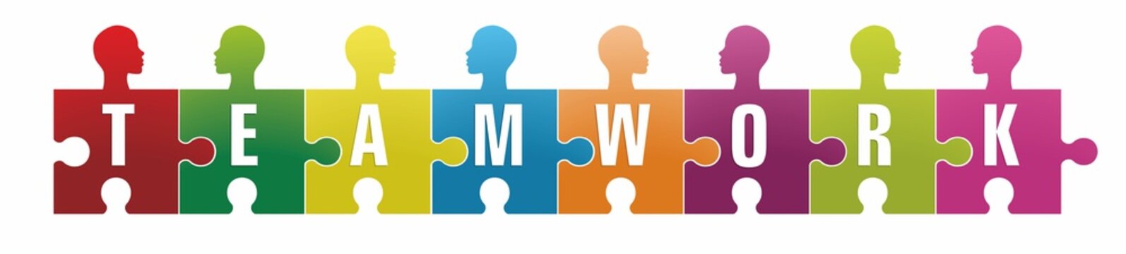 Puzzle jigsaw pieces with human heads and text TEAMWORK. Vecor illustration. EPS10.