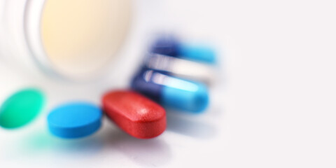 Composition with variety of drug pills and container