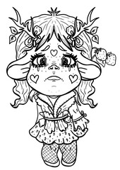 Cartoon little troll with horns and round ears, sad girl with big tear-stained eyes and cheeks-hearts, isolated character in full growth with bow-knots and berry, in vest and strawberry skirt.