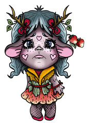 Cartoon little troll with horns and round ears, sad girl with big tear-stained eyes and cheeks-hearts, isolated character in full growth with bow-knots and berry, in vest and strawberry skirt.