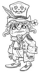 Scared leprechaun in full growth with pointed ears in big a creepy hat with feather, cartoon isolated character with big eyes and braided beard, in a jacket on buttons, suede shorts and shoes.