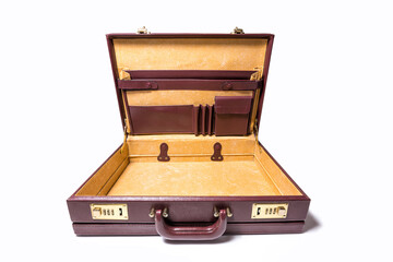 Open and empty 24 hour briefcase on white background