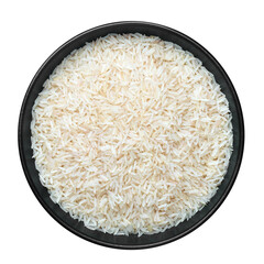 Raw long grain rice in black ceramic bowl isolated on white. Heap of uncooked basmati or jasmine rice. Healthy vegetarian organic food ingredient