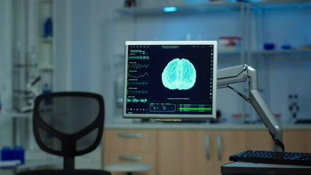 Empty laboratory modernly equipped with nobody in it, prepared for neurological innovation using high tech and microbiology tools for scientific research. Medical clinic for examining brain functions