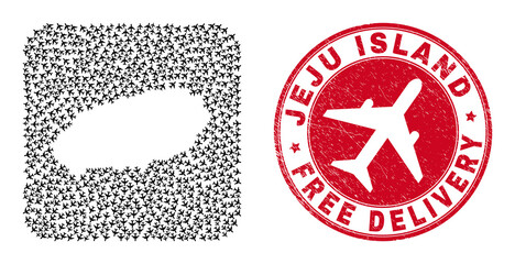Vector mosaic Jeju Island map of air force items and grunge Free Delivery seal stamp.