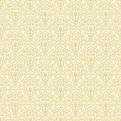 Damask seamless floral pattern. Vintage gold textile ornament in vector, cream wallpaper, fabric. Artistic classic drawing, design element in the interior 