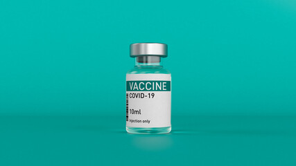 3D illustration.  Visualization of the coronavirus covid-19 vaccine container with label on a green (dark green) background. Small bottle 10ml. 