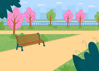 City park near river in spring flat color vector illustration. Street for walk. Blooming trees. Outdoor scenery. Pathway in public garden. Springtime 2D cartoon cityscape with skyline on background