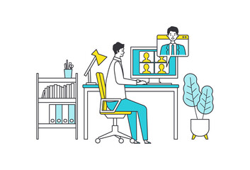 Telecommuting concept. Vector illustration of man solve the problem via telecommuting system. Concept for Business talk.